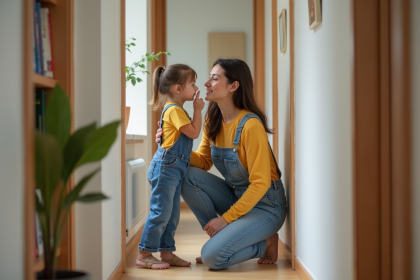 Jeune fille en salopette et t-shirt jaune dans un couloir familial