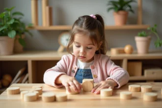 Petite fille concentrée avec blocs Montessori en classe