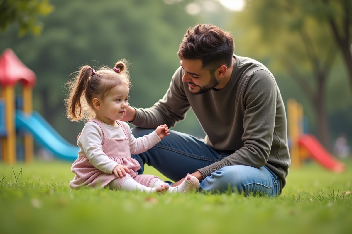 Petite fille assise dans un parc avec son père en plein air