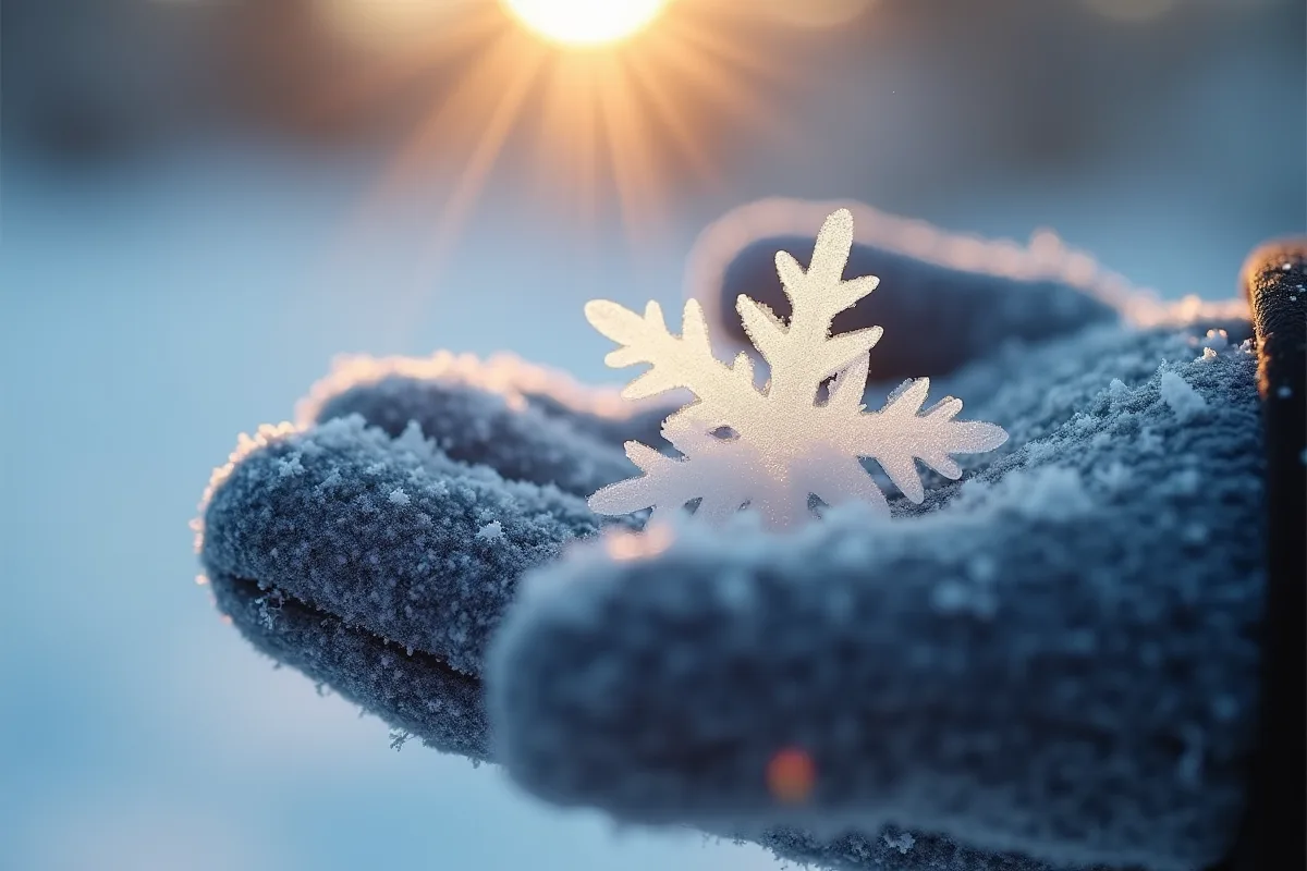 Gros plan sur un flocon de neige sur une mitaine d