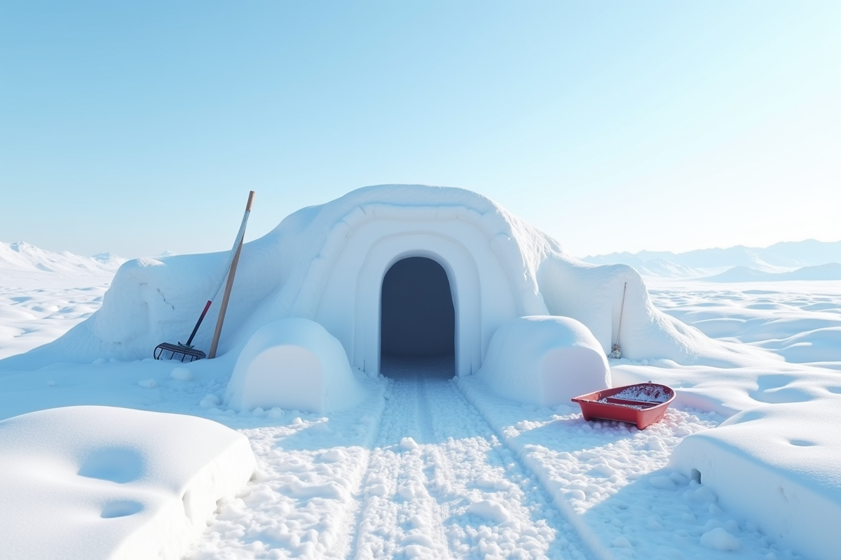 Fort de neige terminé dans un champ enneige avec outils à côté