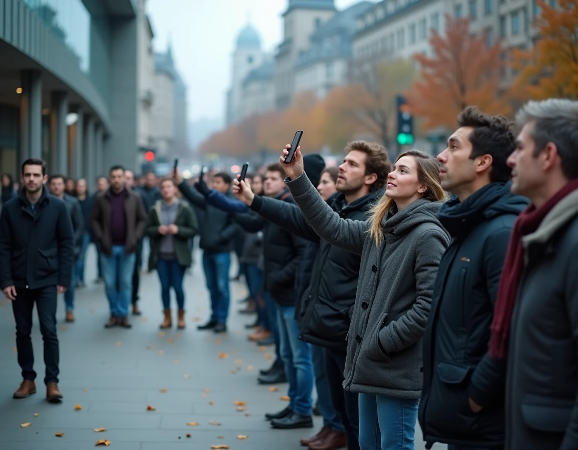 Foule de passants filmant avec leurs smartphones dans une place publique, symbole de la fascination collective pour la vie privée des célébrités