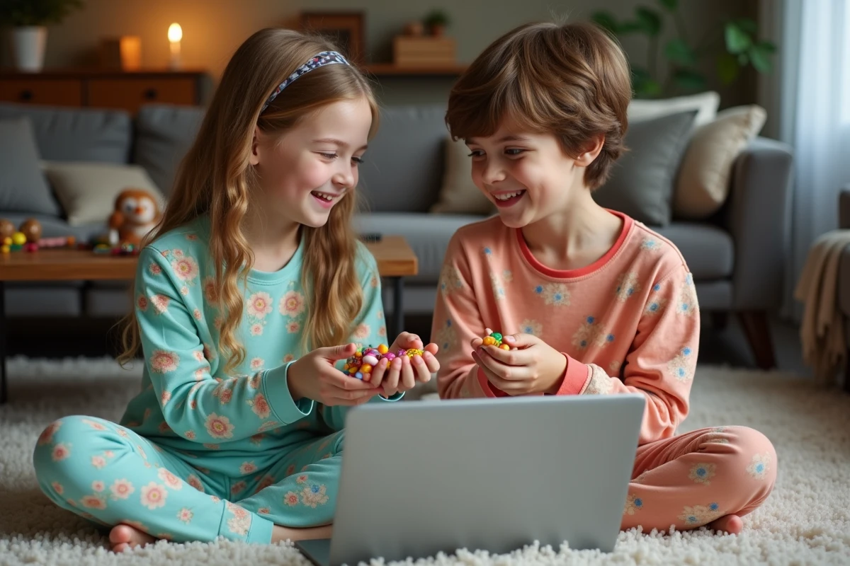 Freres et soeurs partageant des bonbons sur le tapis