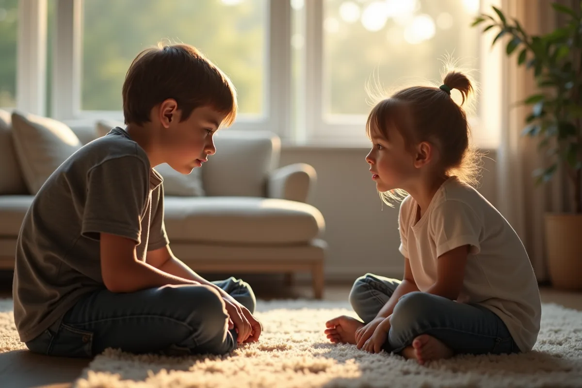 Deux enfants discutent face à face dans le salon