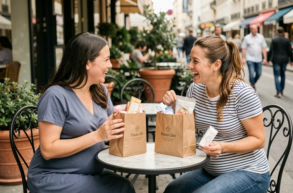 Deux femmes enceintes échangeant des cadeaux gratuits maternité en terrasse de café dans une ambiance décontractée