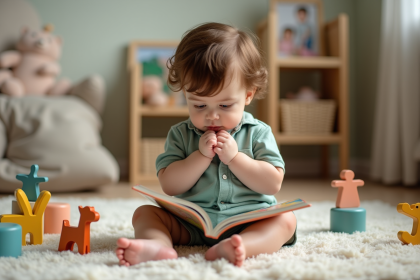 Bébé garçon de 16 mois lit dans un salon chaleureux