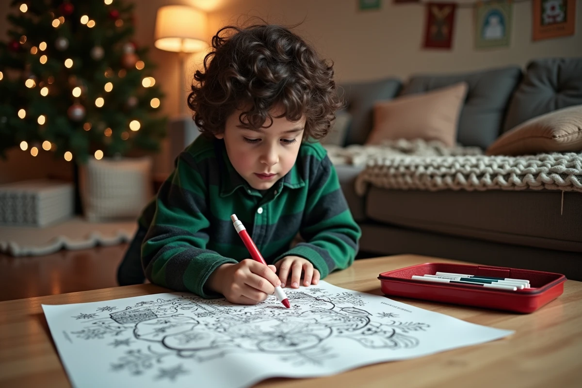 Garçon à genoux qui colorie un dessin de Noël imprimé sur papier dans un salon décoré
