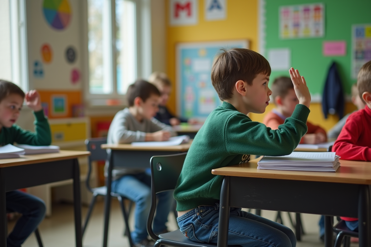Garçon d école levant la main dans une classe colorée