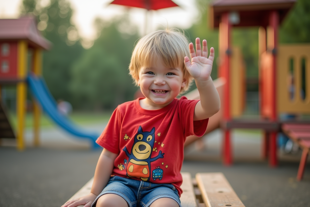 Garçon blond avec sourire dans une aire de jeux