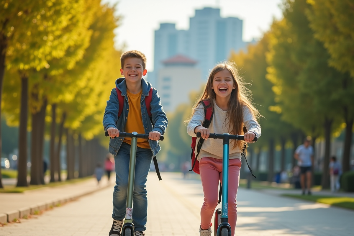 Adolescent rire en roulant en scooter dans un parc urbain