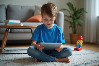 Garçon de 8 ans jouant sur une tablette dans le salon