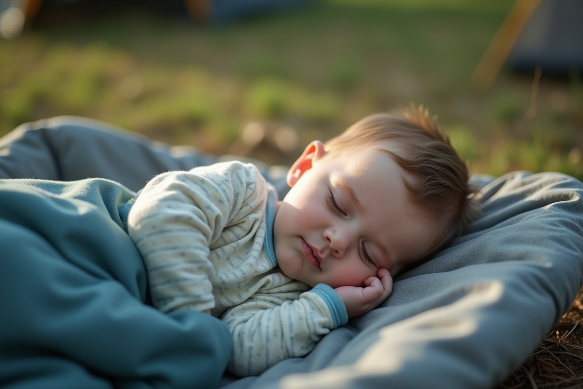 Bebe garçon faisant la sieste dans un lit léger en plein air