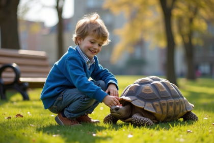 Garçon souriant touche une tortue dans un parc ensoleille