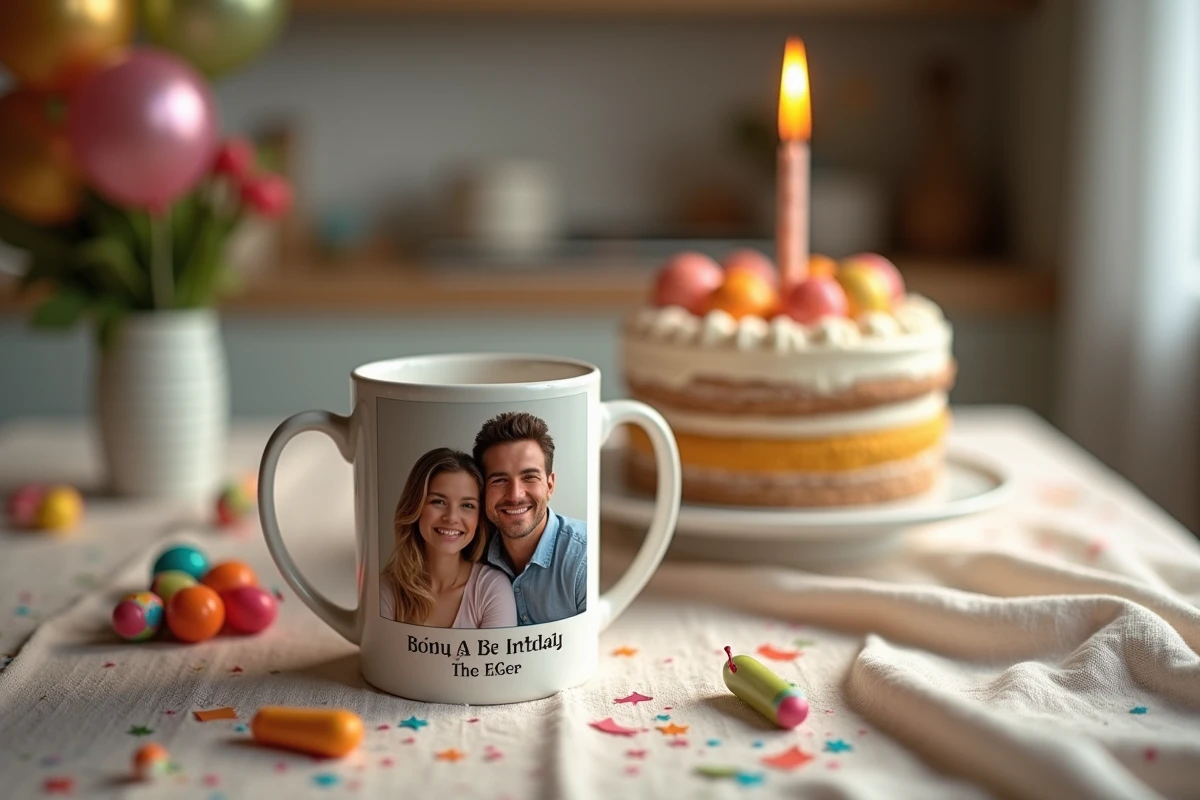 Gobelet personnalisé anniversaire avec photo de famille imprimée, posé sur une table en bois décorée de ballons et confettis colorés
