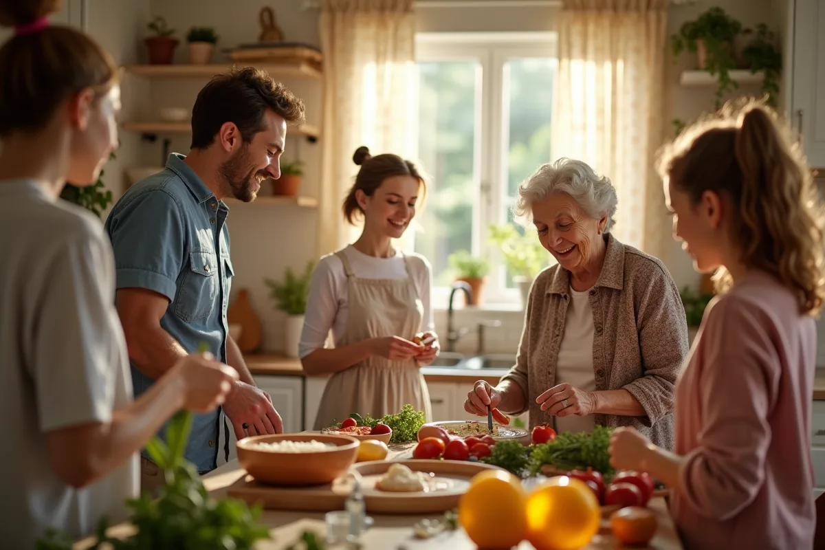 Grand-mere préparant un repas en famille dans une cuisine ensoleillée