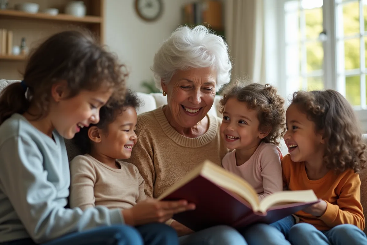 Grand-mere lisant une histoire à ses petits enfants dans un salon lumineux