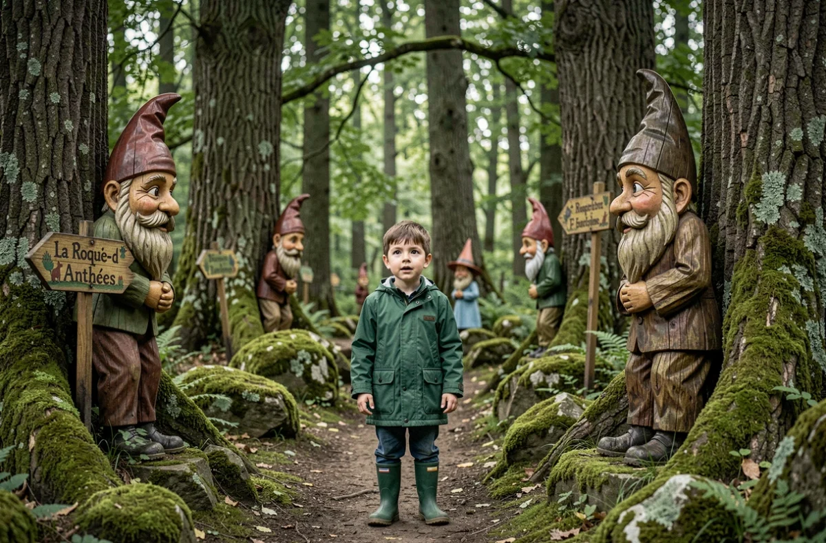 Jeune enfant émerveillé à l'entrée d'un sentier enchanté avec sculptures de contes au parc Grimmland à La Roque-d'Anthéron