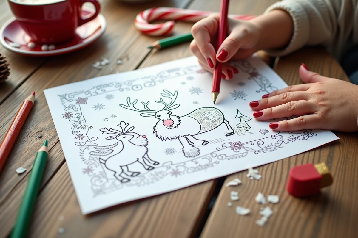 Gros plan d'une carte de Noël à colorier imprimée sur une table en bois avec des crayons de couleur