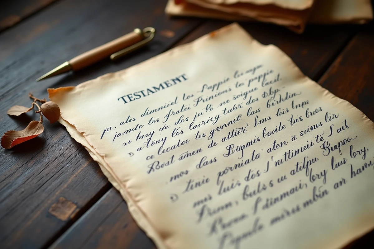 Gros plan d'un testament olographe manuscrit en français posé sur une table en chêne avec enveloppe cachetée
