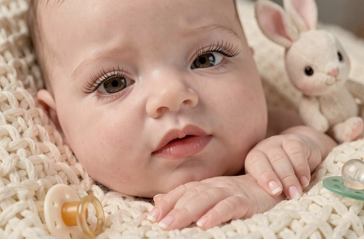 Gros plan sur le visage et les mains d'une poupée reborn fille posée sur une couverture tricotée crème avec accessoires miniatures