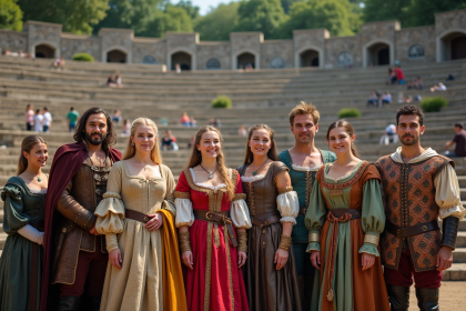 Groupe de performers en costumes historiques devant un amphitheatre