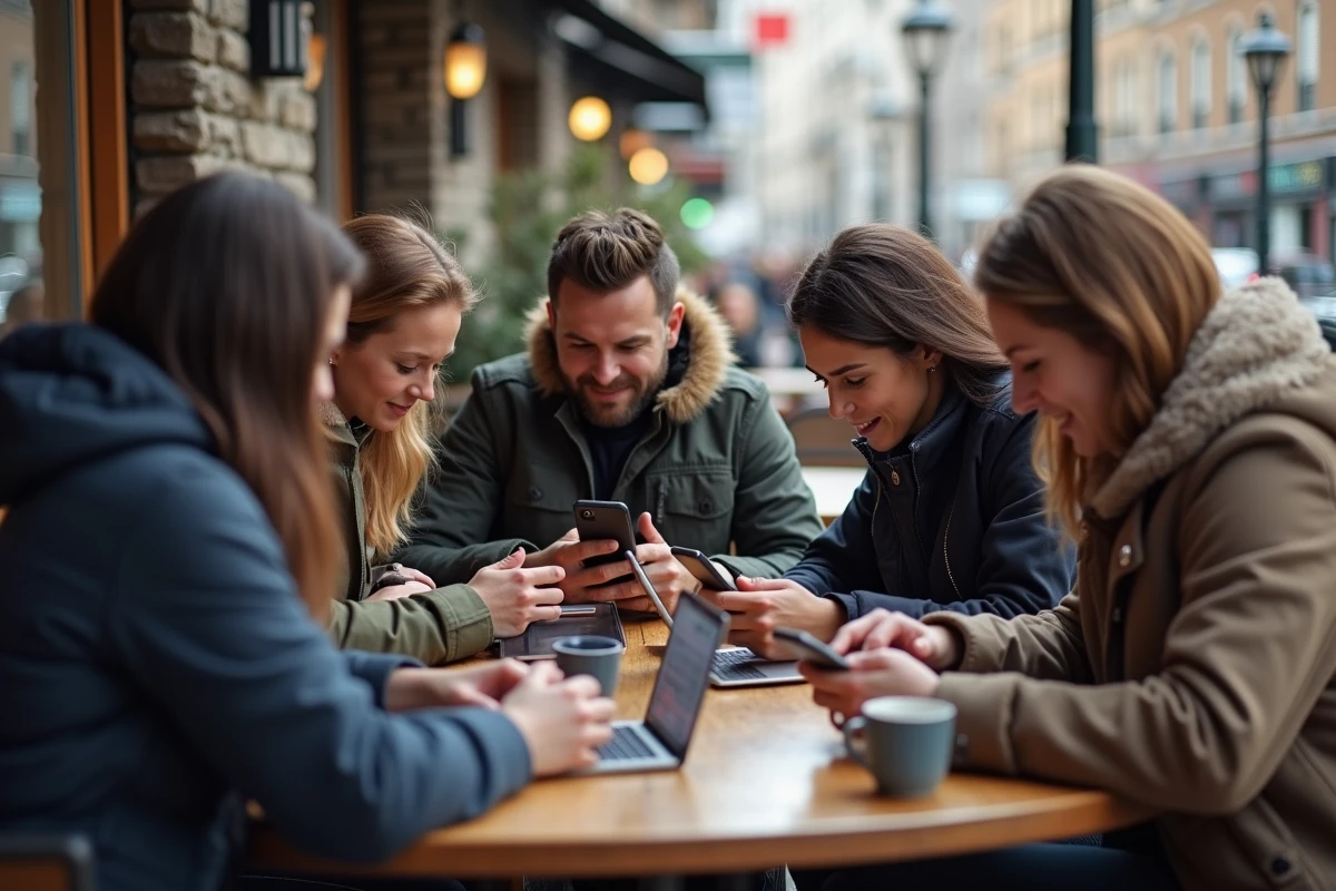 Groupe de personnes utilisant smartphones dans un café urbain