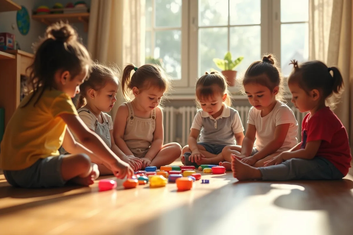 Groupe d'enfants en classe Montessori avec matériaux colorés
