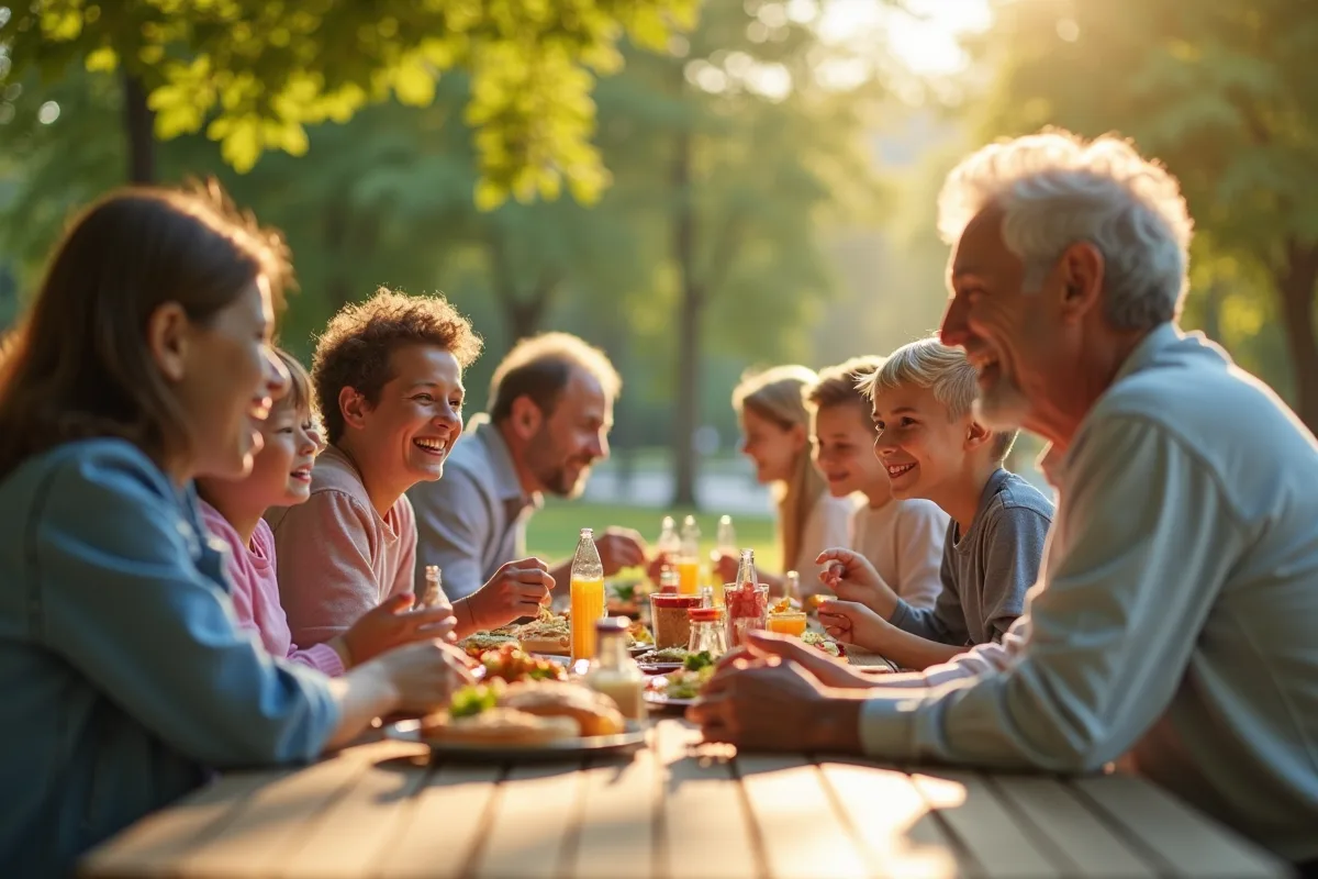 Groupe familial intergénérationnel partageant un pique-nique dans un parc