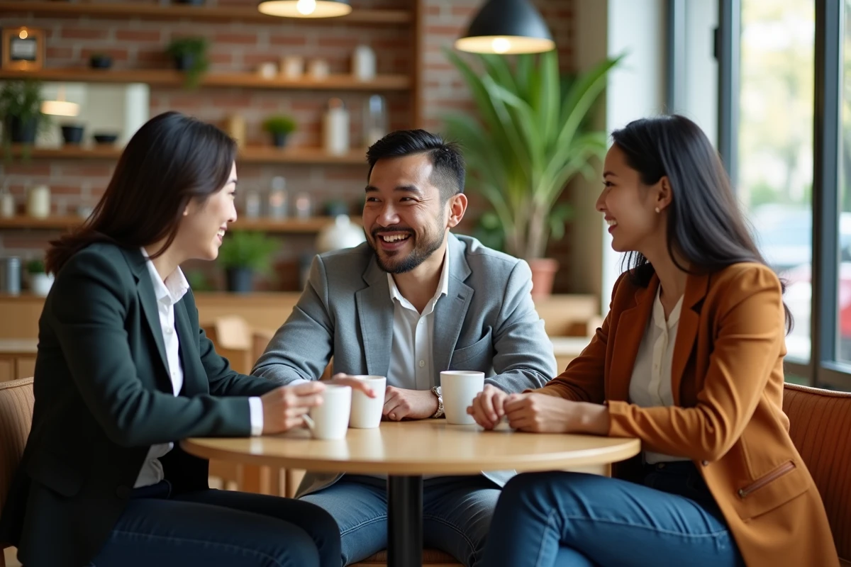 Groupe de jeunes adultes aux origines mixtes réunis dans un café moderne, illustrant thème famille et origines culturelles