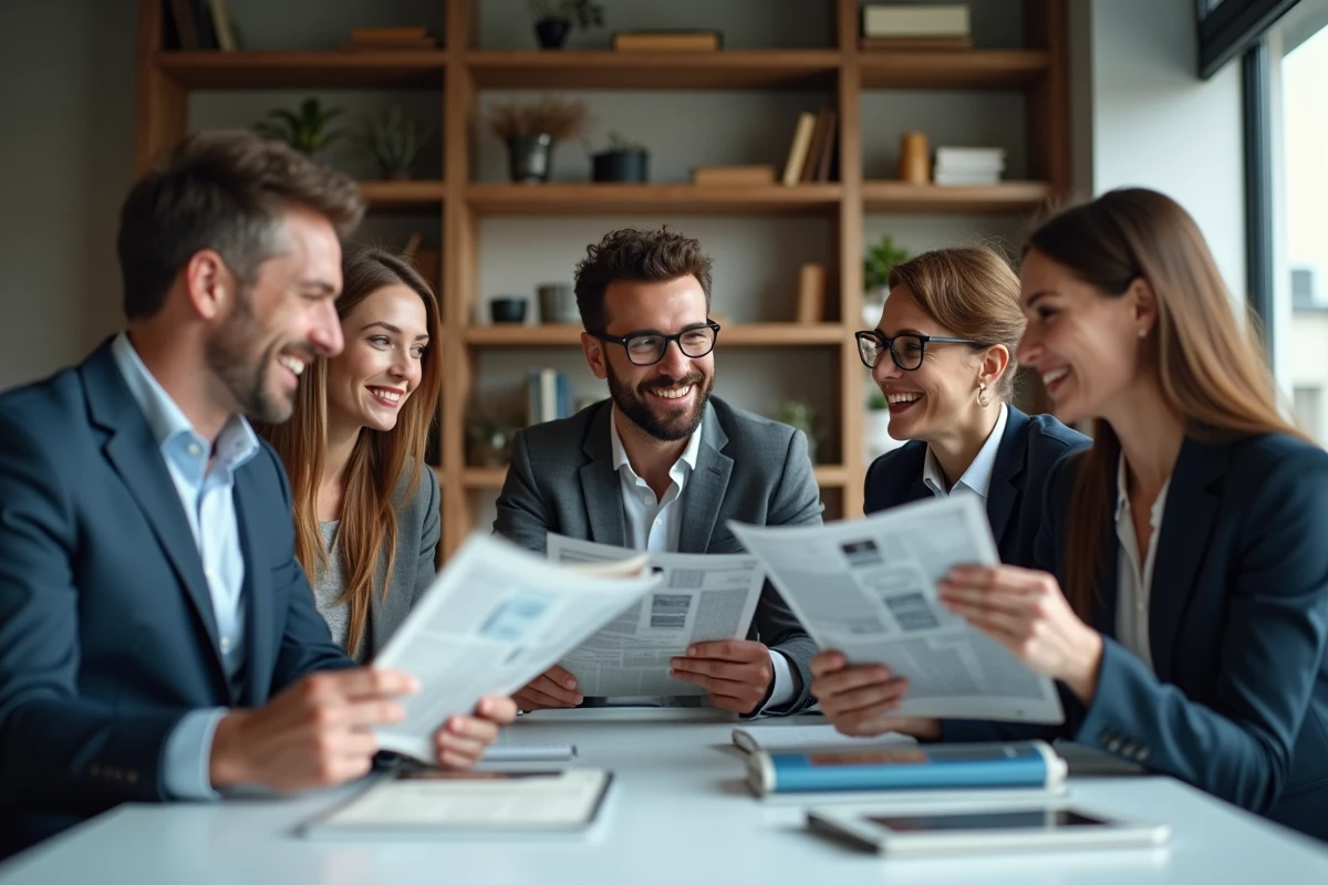Groupe de professionnels souriants en réunion de travail