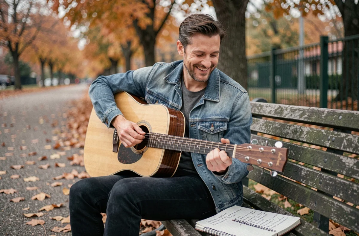 Adulte débutant jouant de la guitare acoustique en plein air dans un parc en automne avec des accords notés dans un carnet