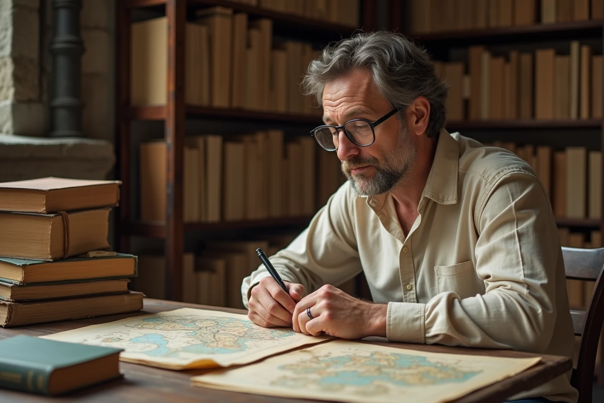 Historien spécialisé en mythologie celtique consultant des ouvrages anciens dans une salle d'archives universitaire pour étudier l'origine du prénom Arthur