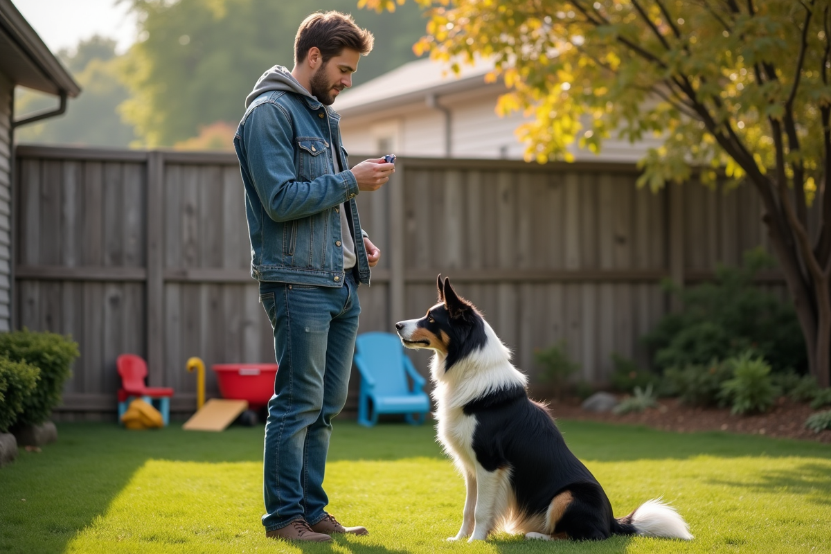 Homme avec un chien border collie dans un jardin