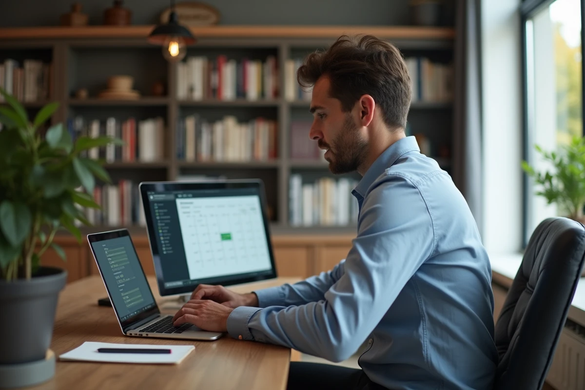 Homme au bureau étudiant son calendrier numérique