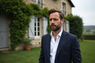 Homme français en blazer devant maison ancienne