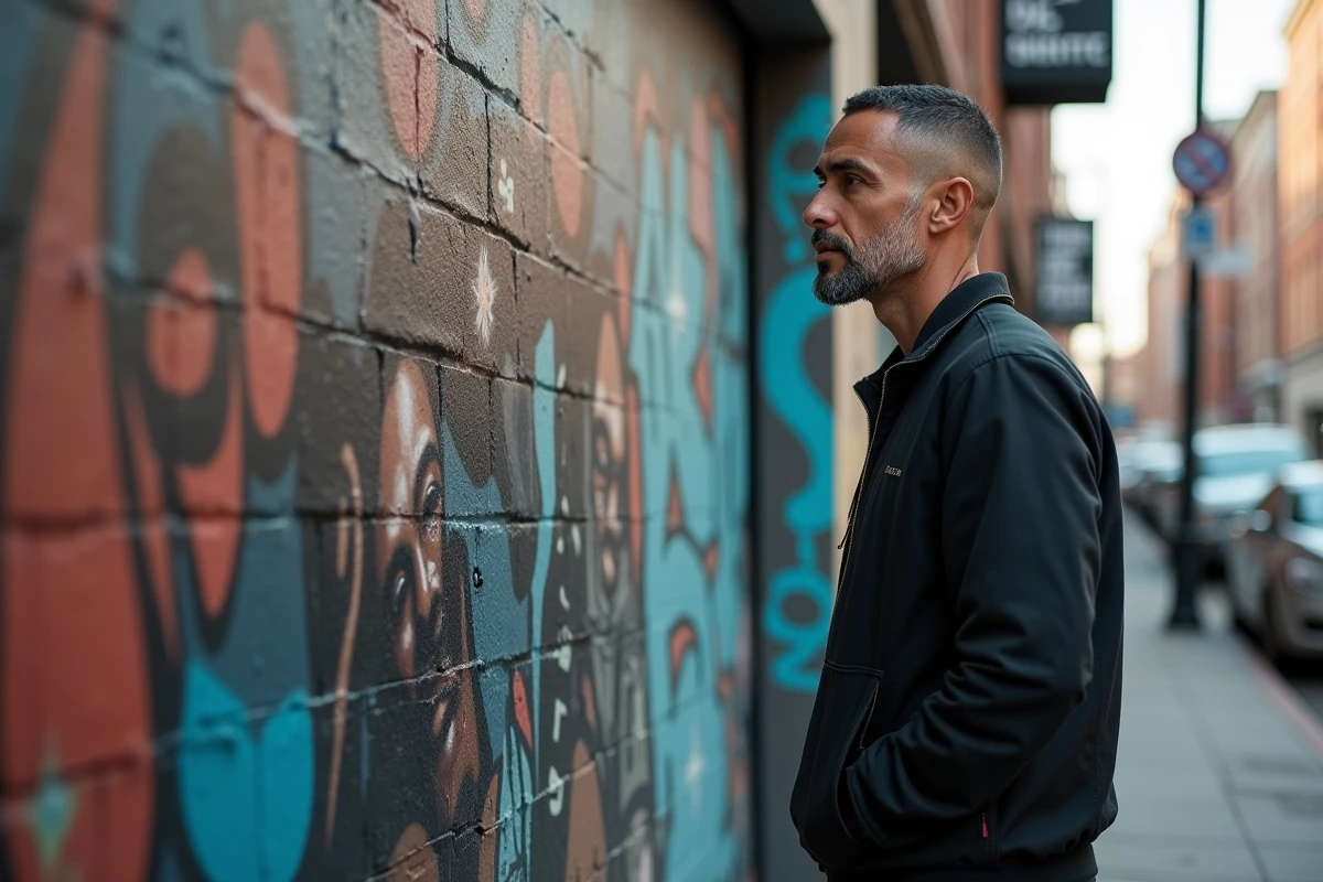 Homme regardant un mural de paroles de Slim Shady