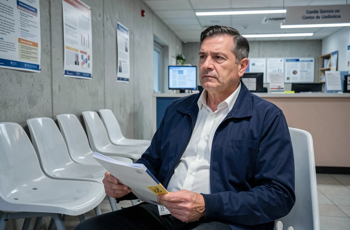 Homme attendant dans une salle d'attente de la CAF avec des documents pour le RSA majoré