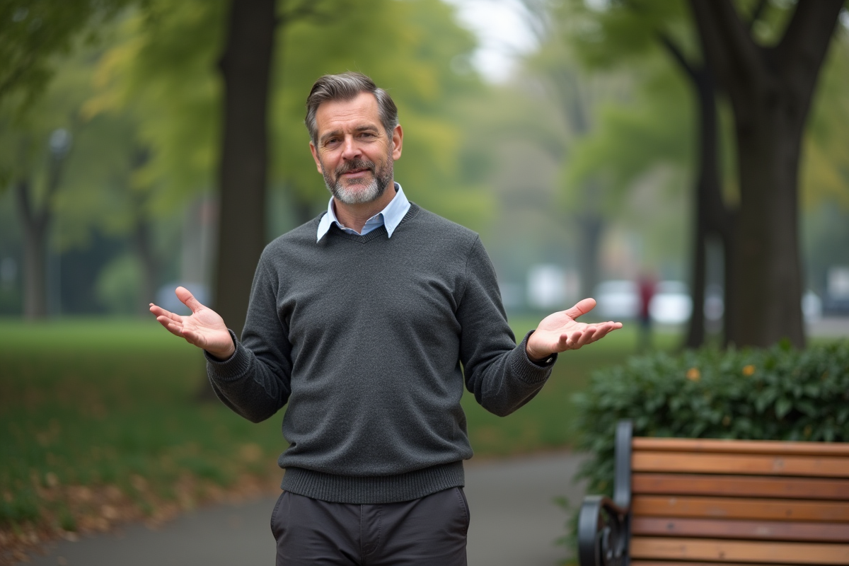 Homme en extérieur faisant un geste poli dans un parc urbain
