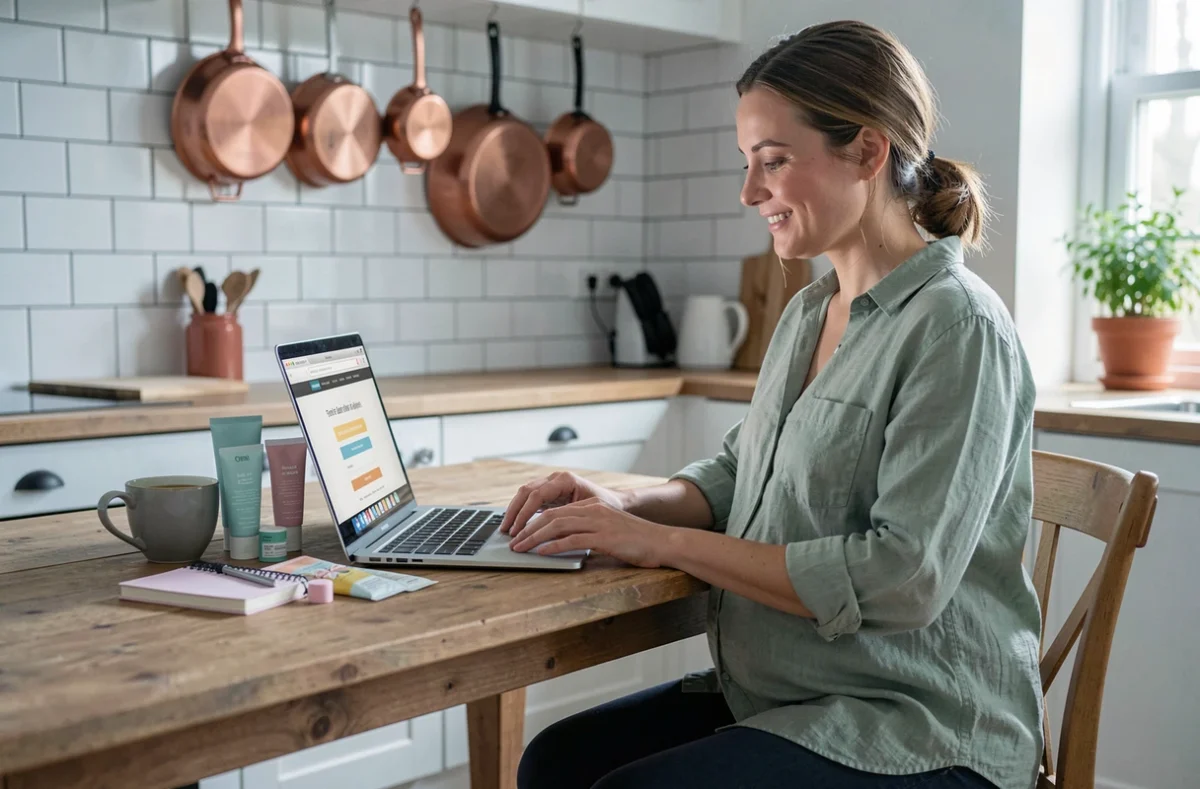 Femme enceinte inscrivant en ligne pour recevoir des cadeaux gratuits grossesse sur son ordinateur portable dans une cuisine moderne