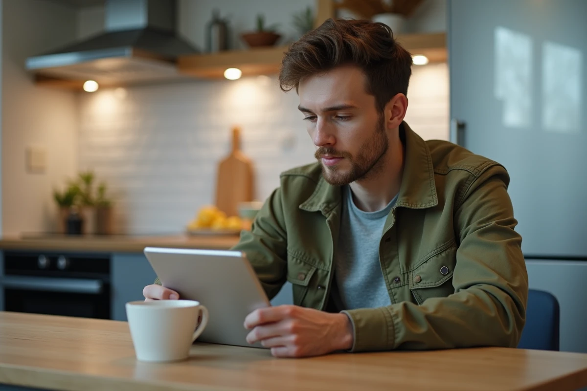 Jeune homme s'inscrivant en ligne à un service de tutelle de compte sur une tablette depuis son domicile