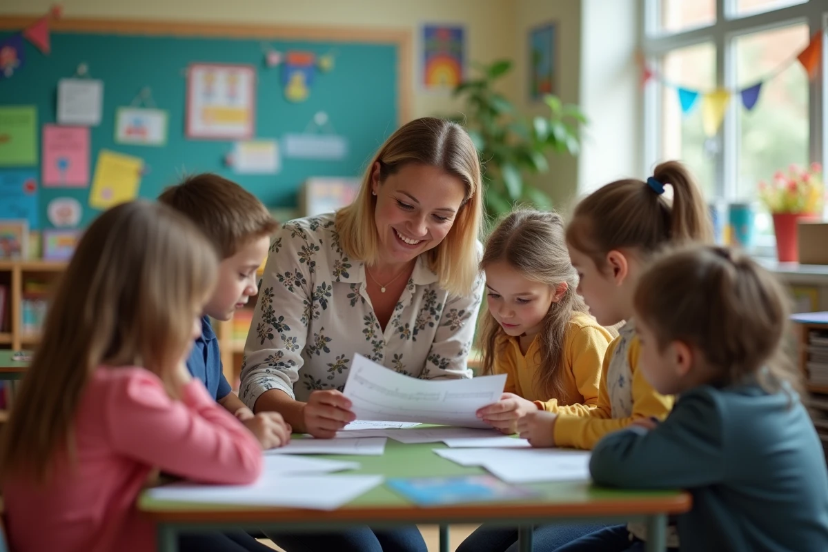 Institutrice préparant les paroles d'une chanson avec ses élèves pour le spectacle scolaire