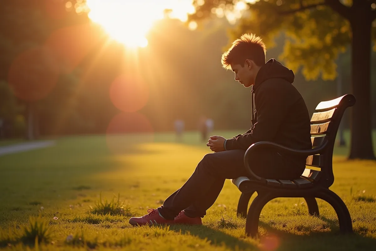 Jeune adulte seul sur un banc dans un parc en matinée