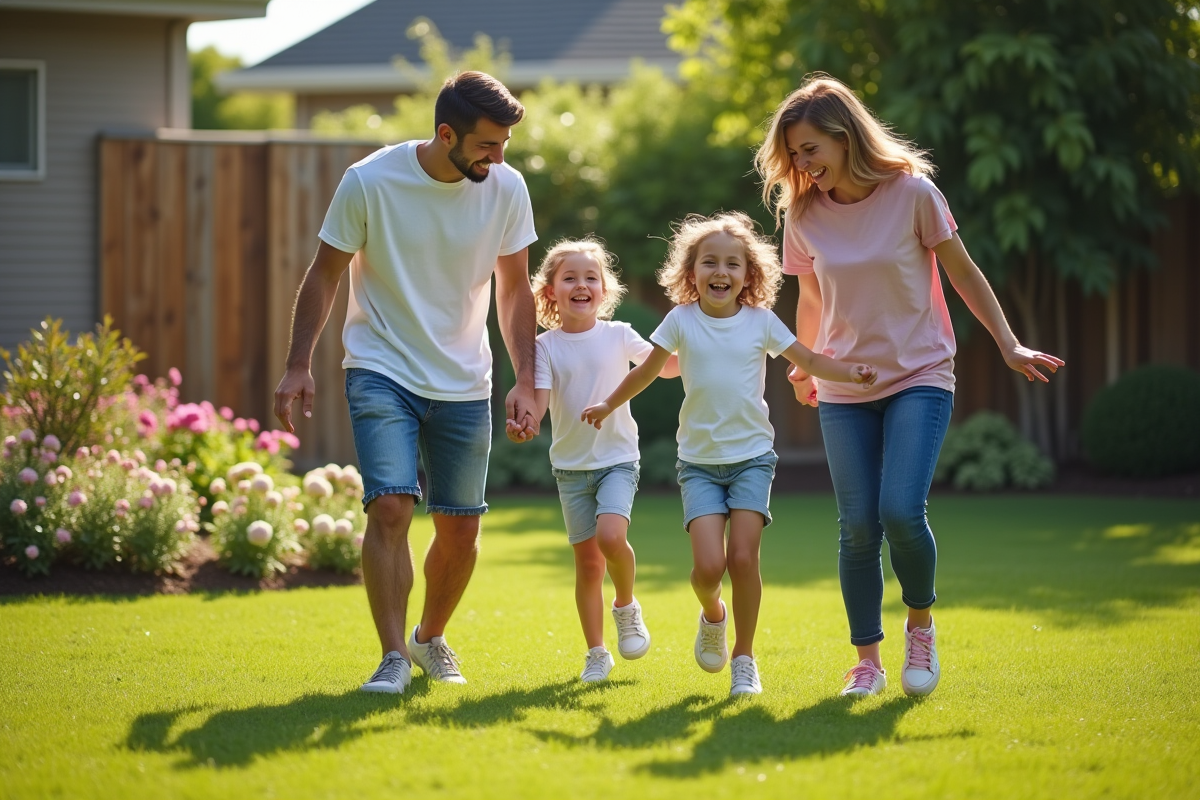 Jeune couple jouant avec leurs enfants dans le jardin