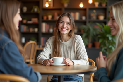 Jeune femme souriante avec amis dans un café chaleureux