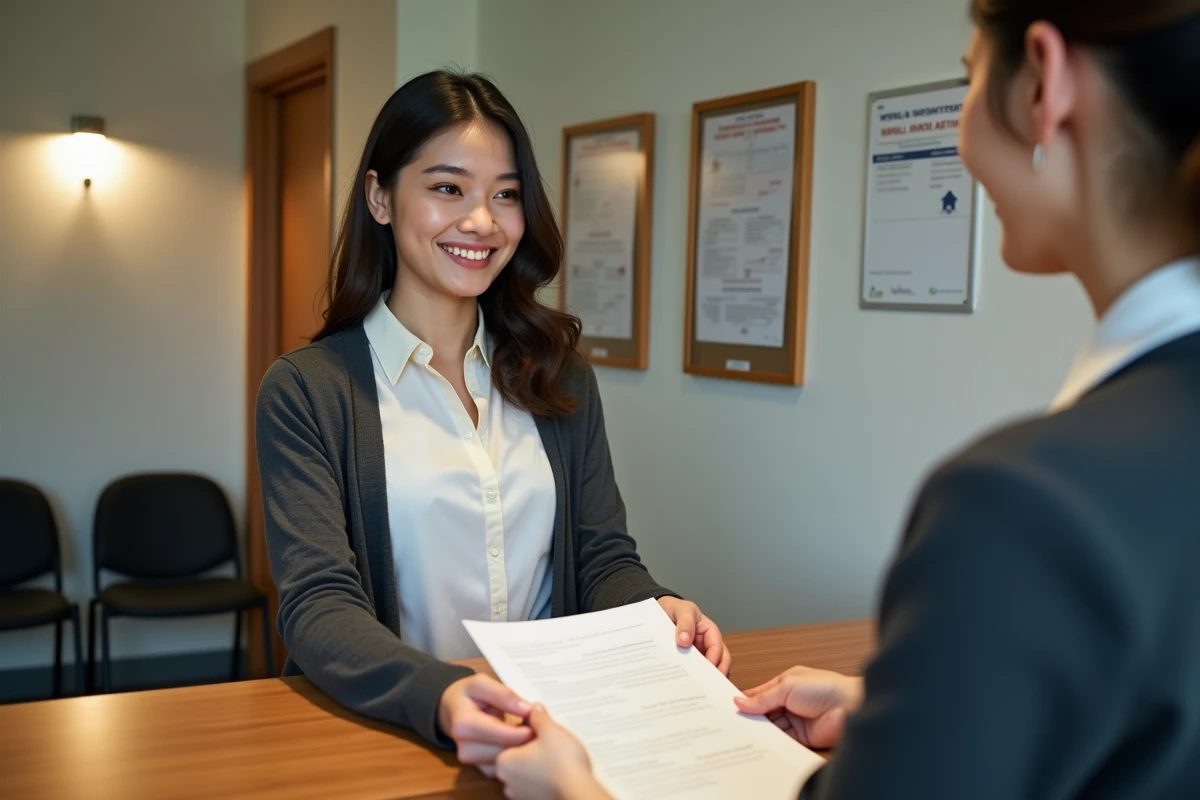 Jeune femme remettant un formulaire signé au bureau