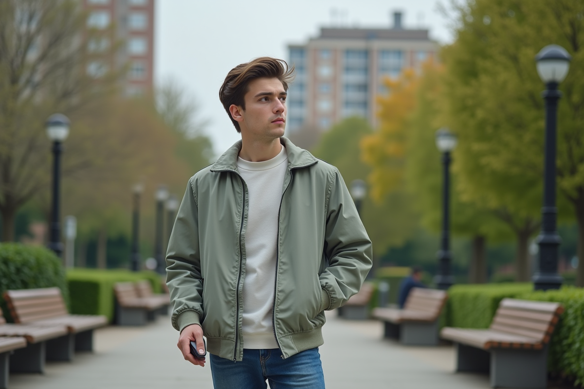 Jeune homme pensif dans un parc urbain avec téléphone