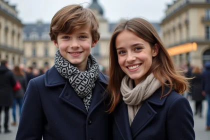 Jeune gar&ccedil;on avec femme souriante en hiver &agrave; Paris