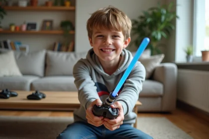 Adolescent souriant avec sabre laser dans un salon moderne