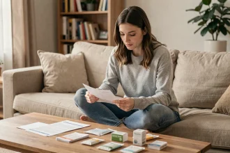 Jeune maman examinant des échantillons gratuits pour bébé et des formulaires de demande sur une table basse dans son salon