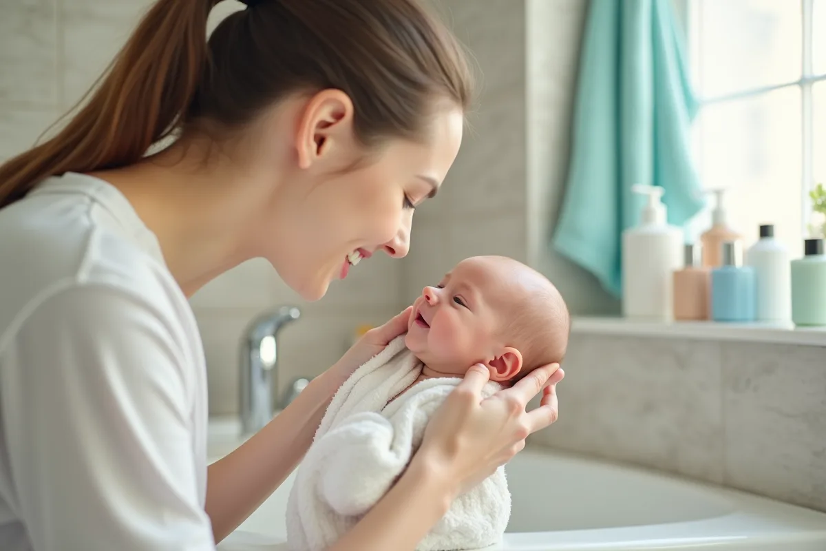 Parent lavant doucement bébé nouveau-né dans la salle de bain